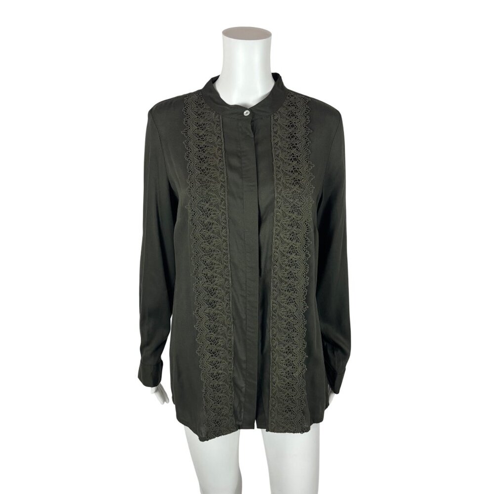 Coldwater Creek Blouse Women's Medium Olive Green Button Up Long Sleeve Lace - Picture 10 of 10